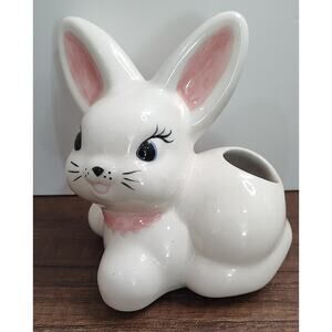 Vintage Small Porcelain Bunny Rabbit Cotton Ball Holder Signed By Grandma